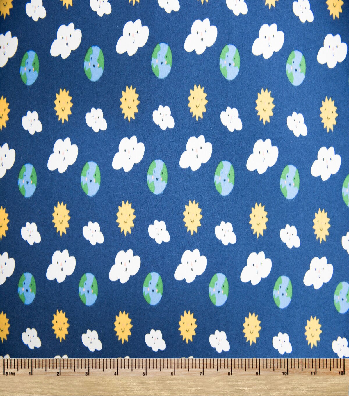 Dark Blue Earth Sun Clouds Super Snuggle Flannel Fabric By POP!