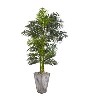 Nearly Natural 7ft. Golden Cane Artificial Palm Tree in Cement Planter
