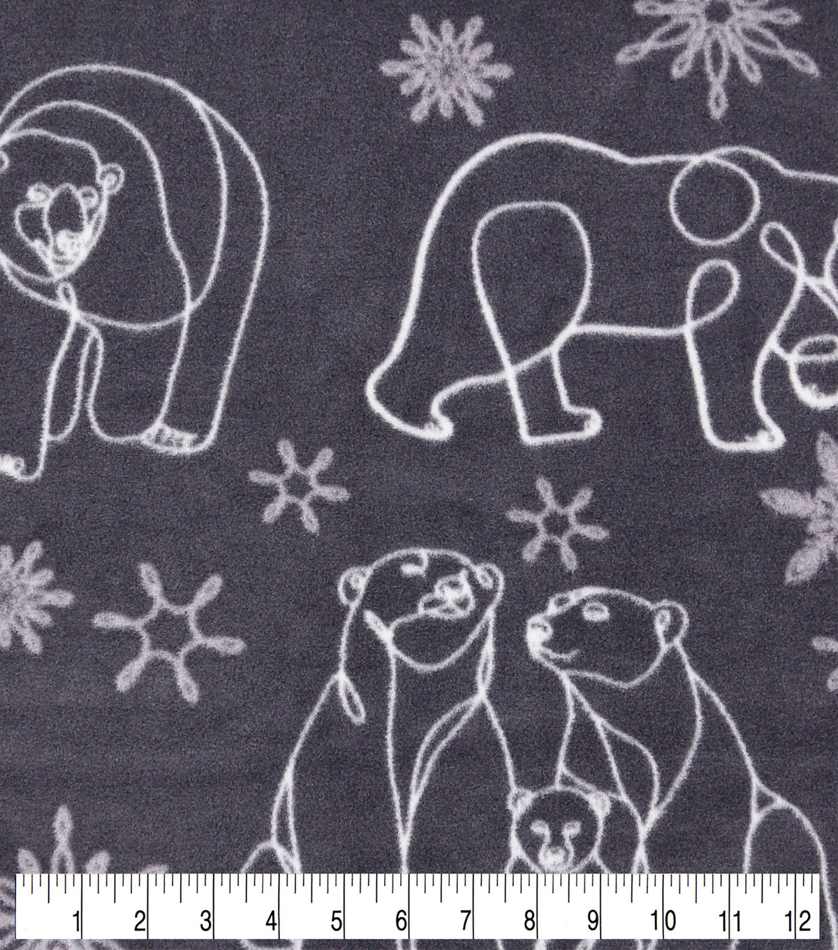 Line Drawn Bears & Snowflakes Gray Anti Pill Fleece Fabric