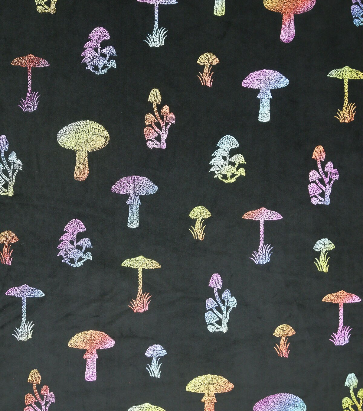 Mutlicolor Metallic Mushrooms on Black Pure Plush Fleece Fabric