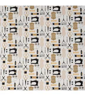 SINGER Sewing Tools on Brown Cotton Fabric by Keepsake Calico