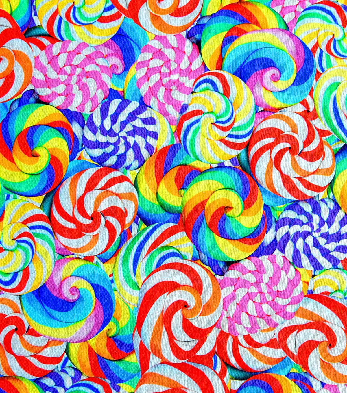 Blue Realistic Lollipops Novelty Cotton Fabric