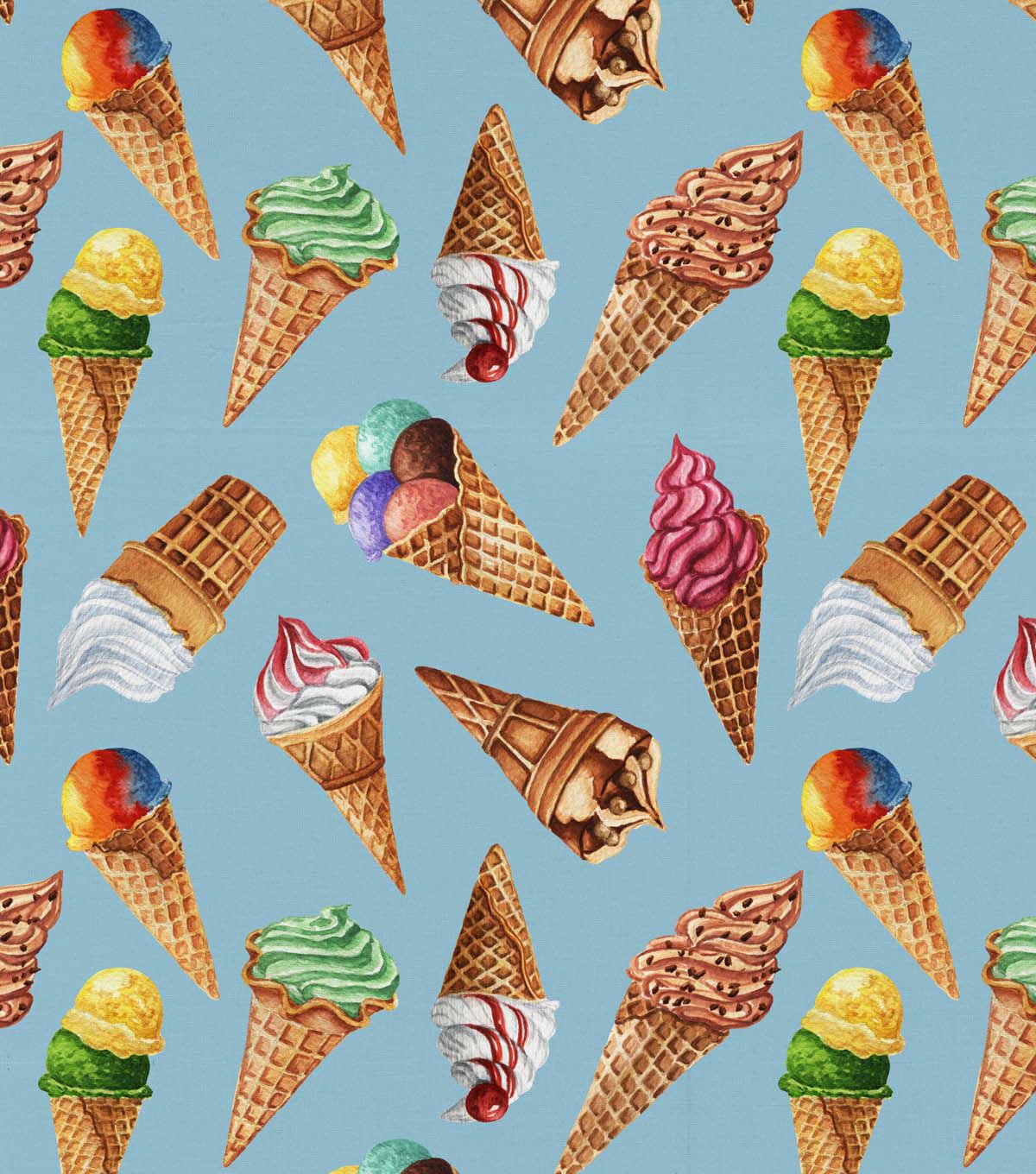 David Textiles Ice Cream Cones on Blue Novelty Cotton Fabric