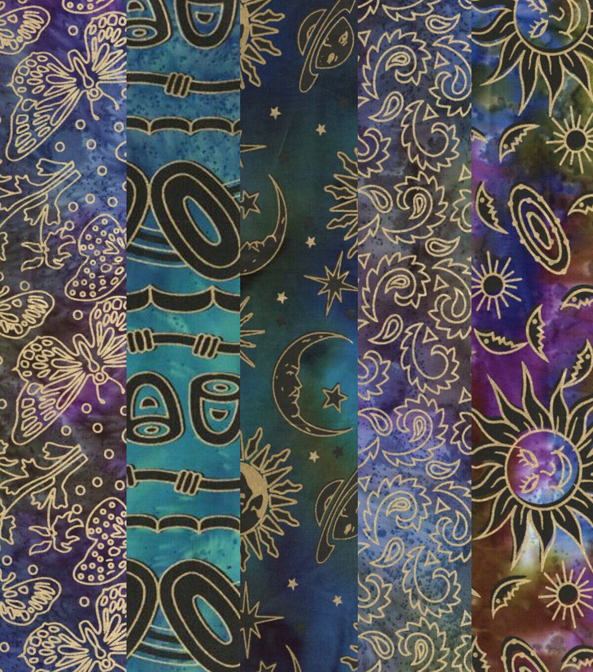 5pc Celestial Cool Batik Metallic Cotton Fabric Quarter Bundle
