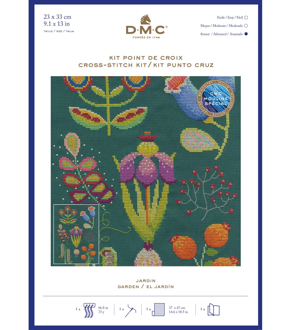 DMC 9 x 13 Emily Peacock Botanical Garden Cross Stitch Kit