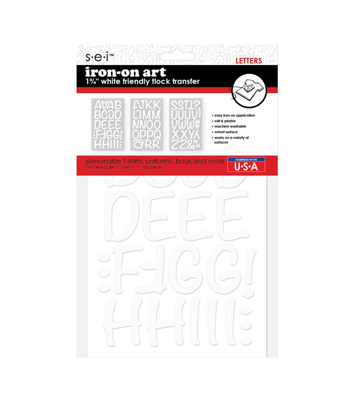 SEI 2 White Iron On Art Friendly Flock Transfer Letters 71ct