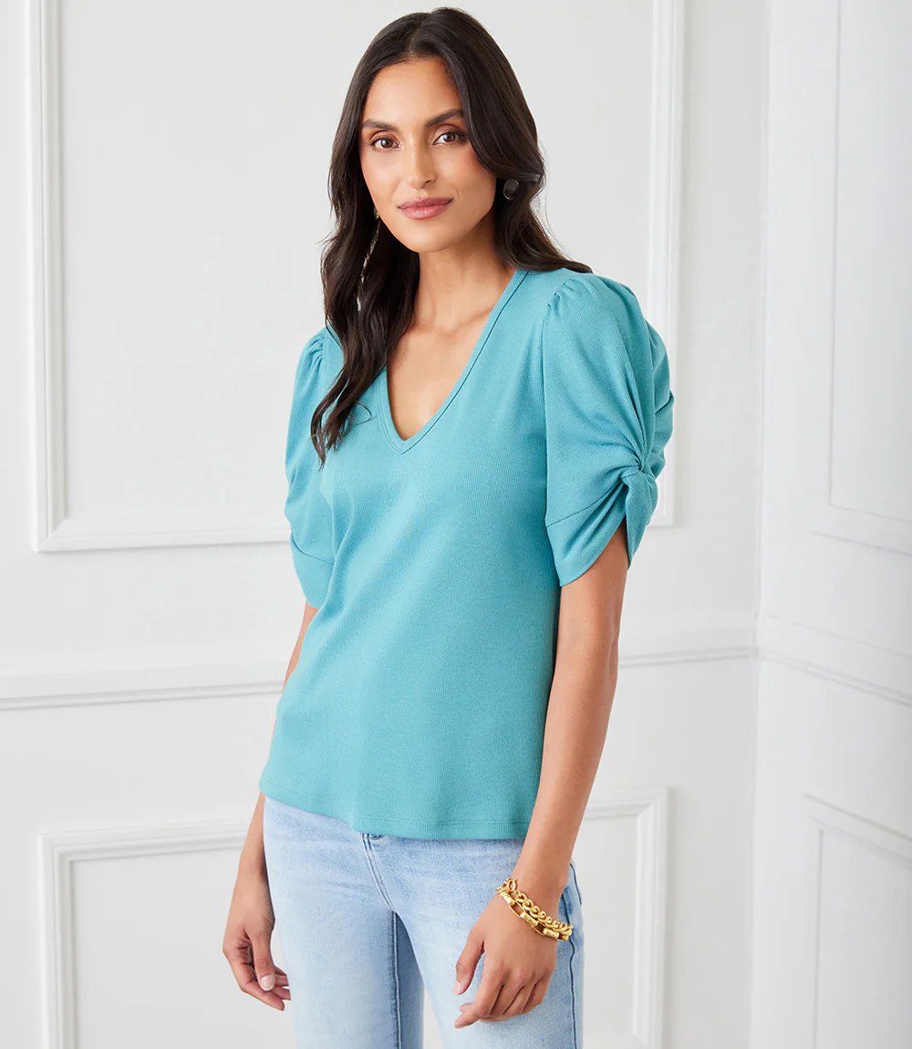 Petite Size Ribbed Twist Sleeve V-Neck Top