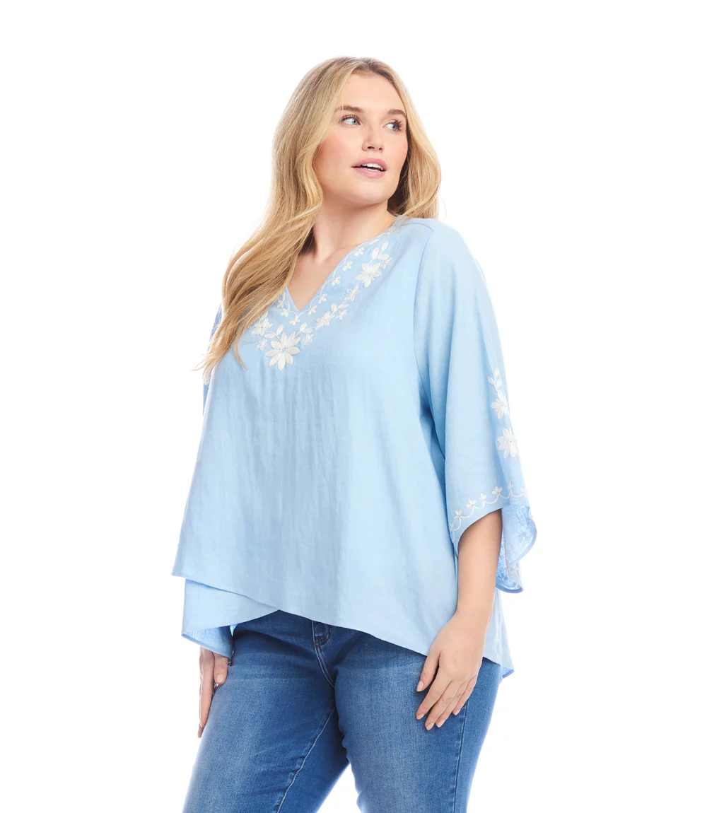 Plus Size Bracelet Sleeve Embroidered Asymmetric Top