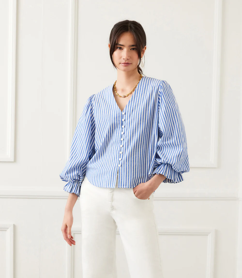 Stripe Layered Sleeve Shirred Blouse