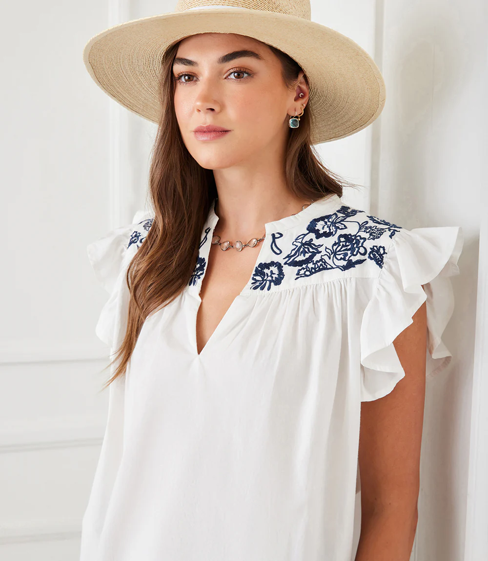 Embroidered Ruffle Sleeve Top