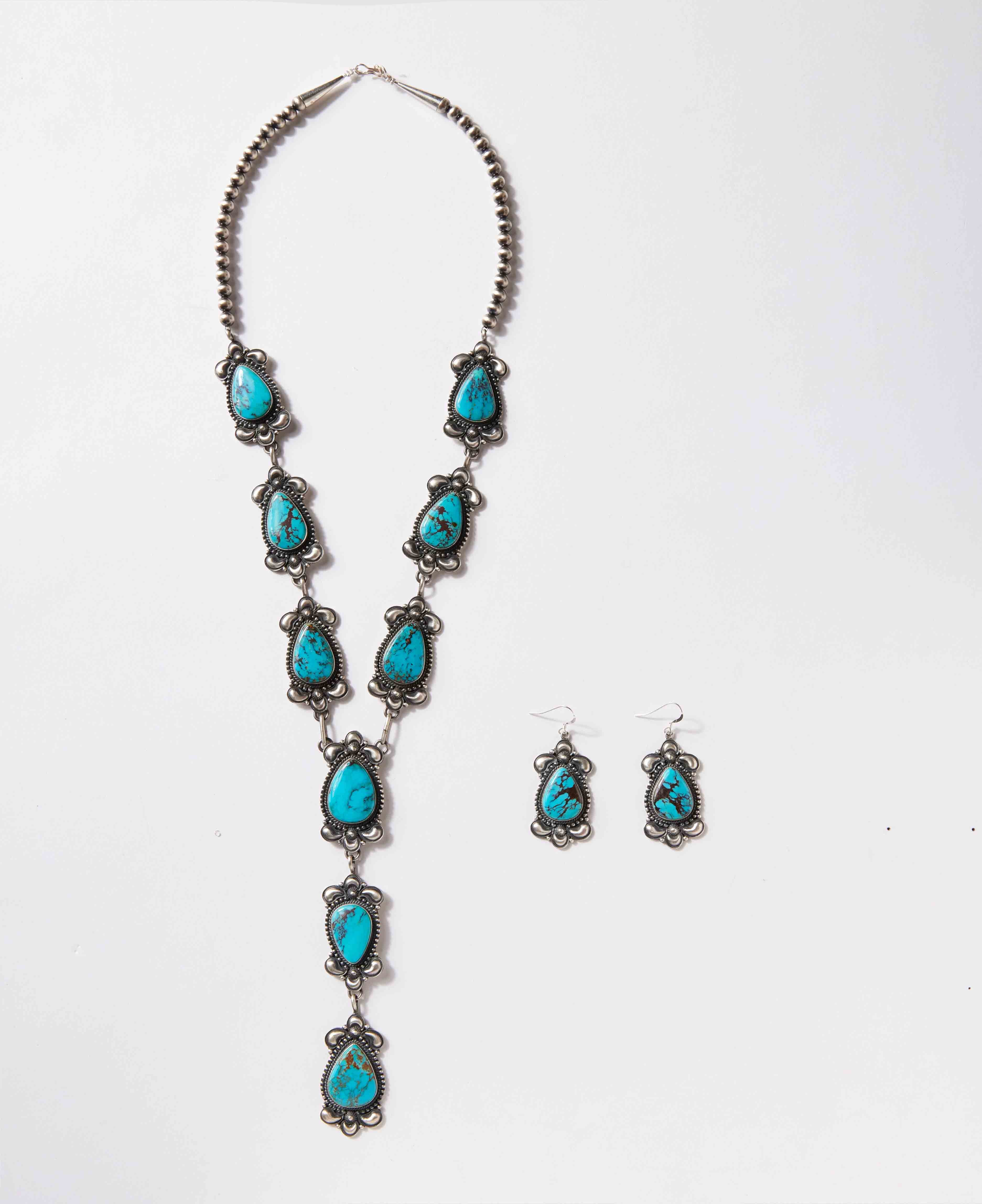 Turquoise Stone Lariat Necklace And Earrings Set