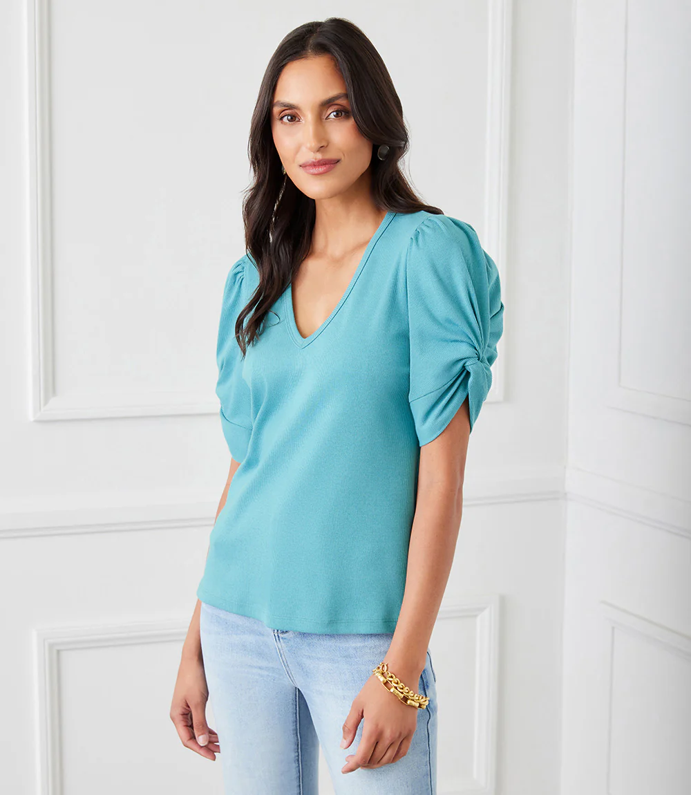 Ribbed Twist Sleeve V-Neck Top