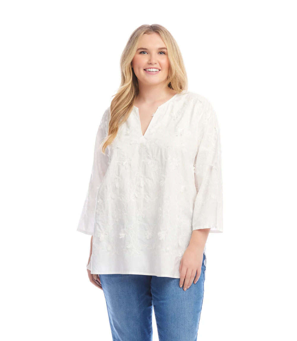 Plus Size 3/4 Sleeve Embroidered Tunic