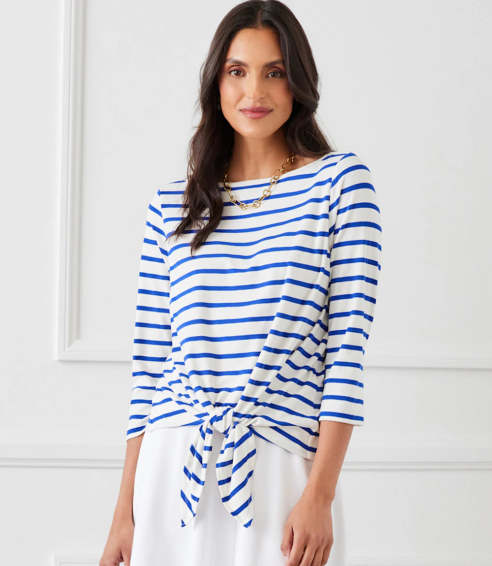 Petite Size Stripe Boatneck Tie-Front Top