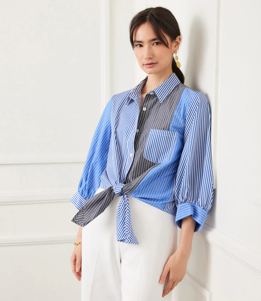 Blouson Sleeve Mixed Stripe Tie-Front Top