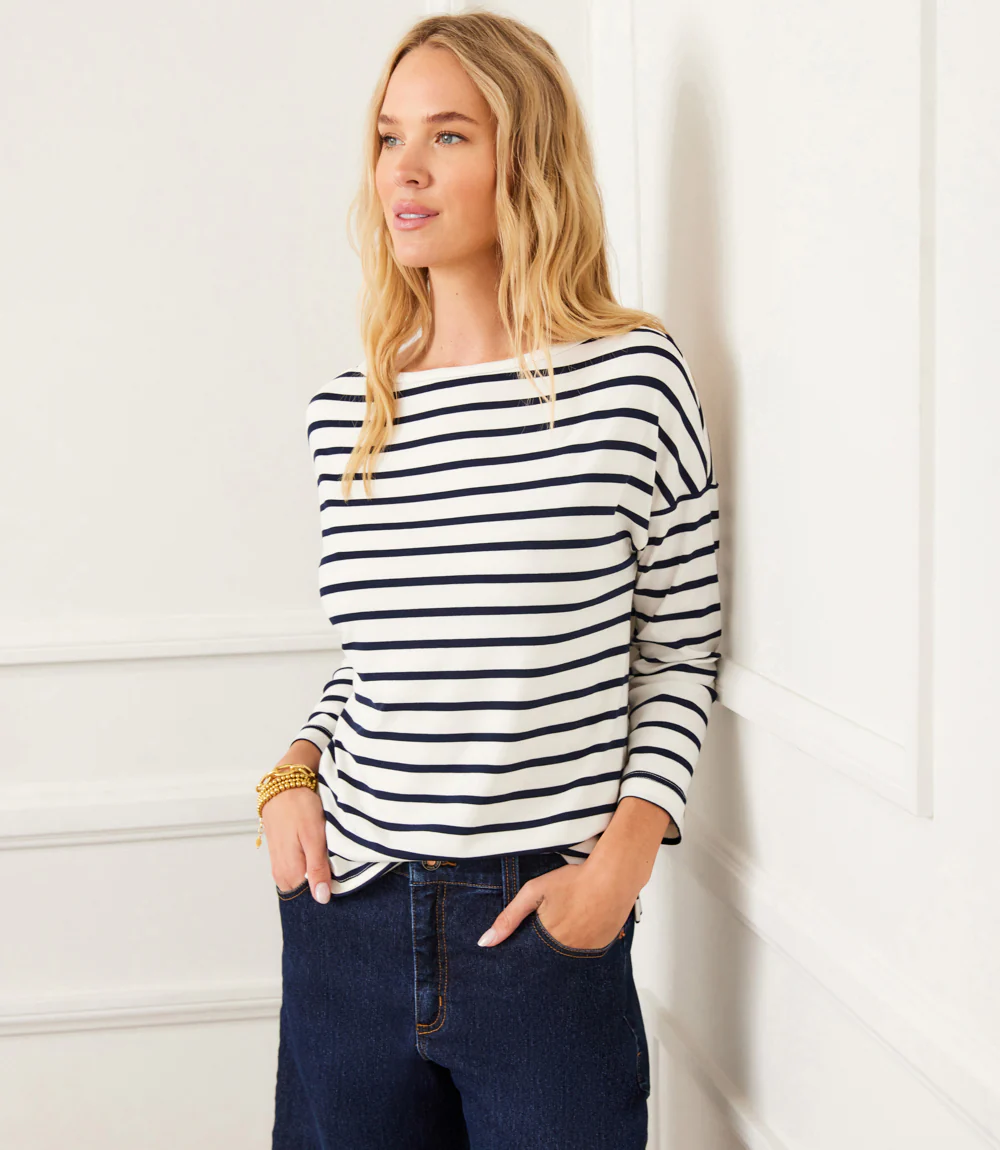 Petite Size Stripe 3/4 Sleeve Boatneck Top