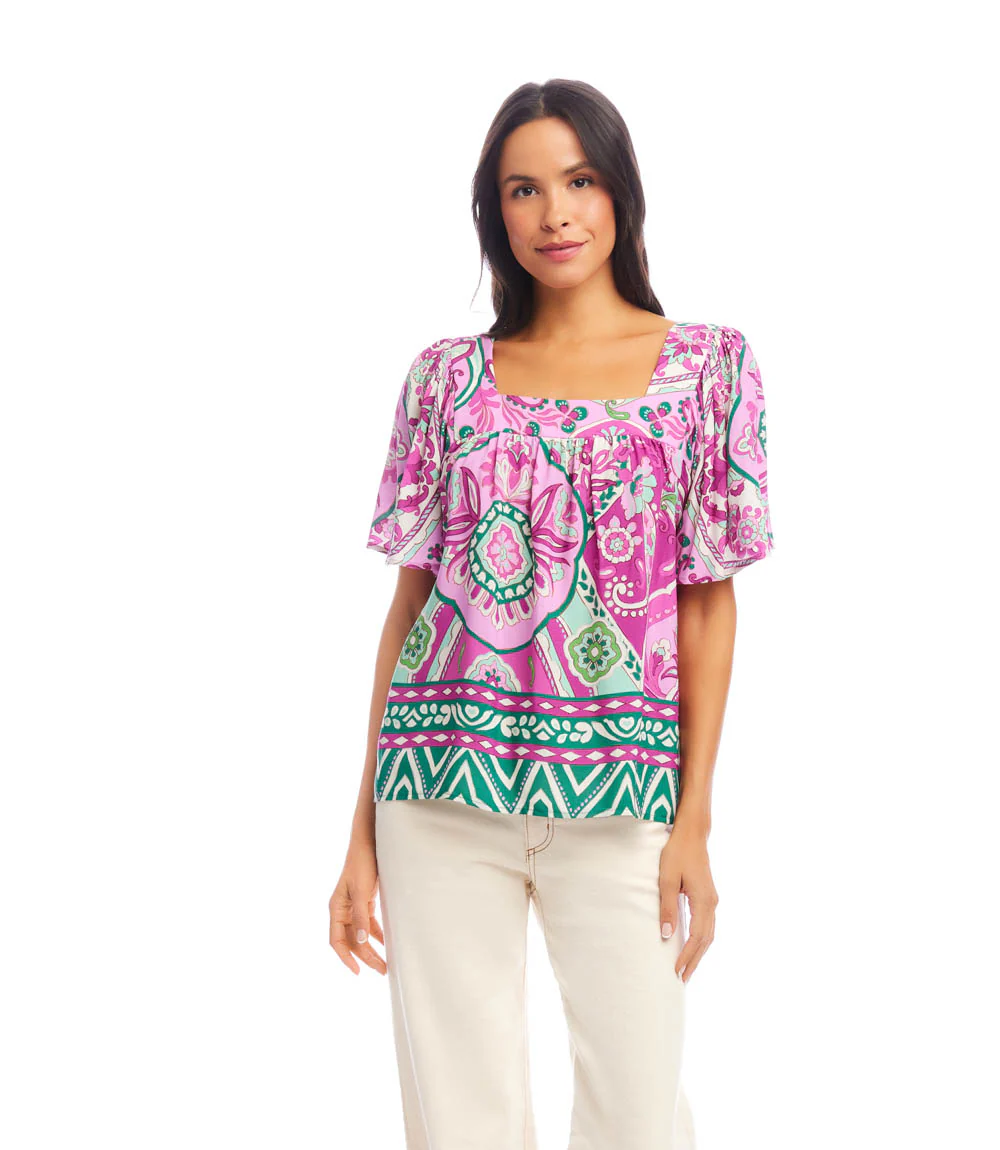 Petite Size Flare Sleeve Square Neck Top