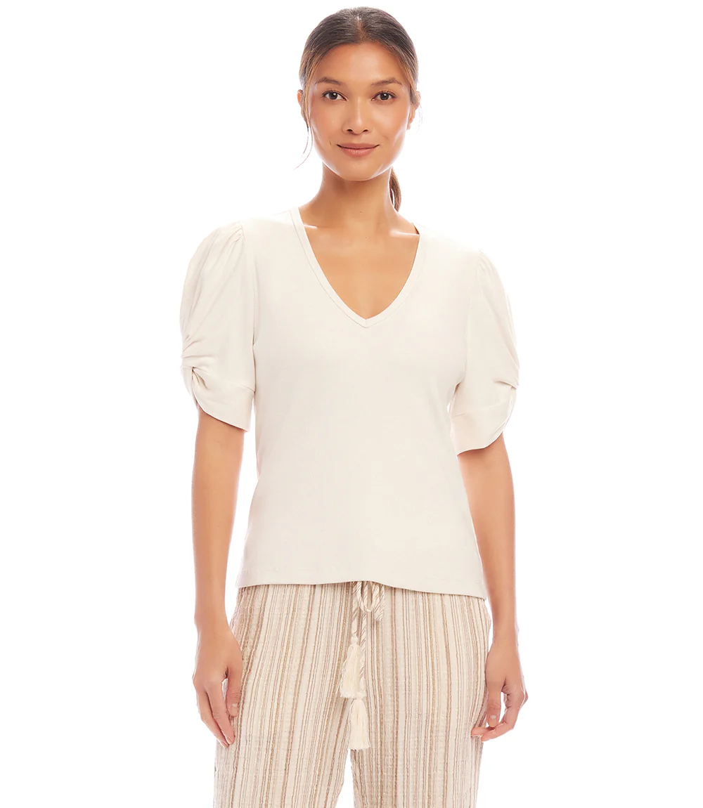 Petite Size Ribbed Twist Sleeve V-Neck Top