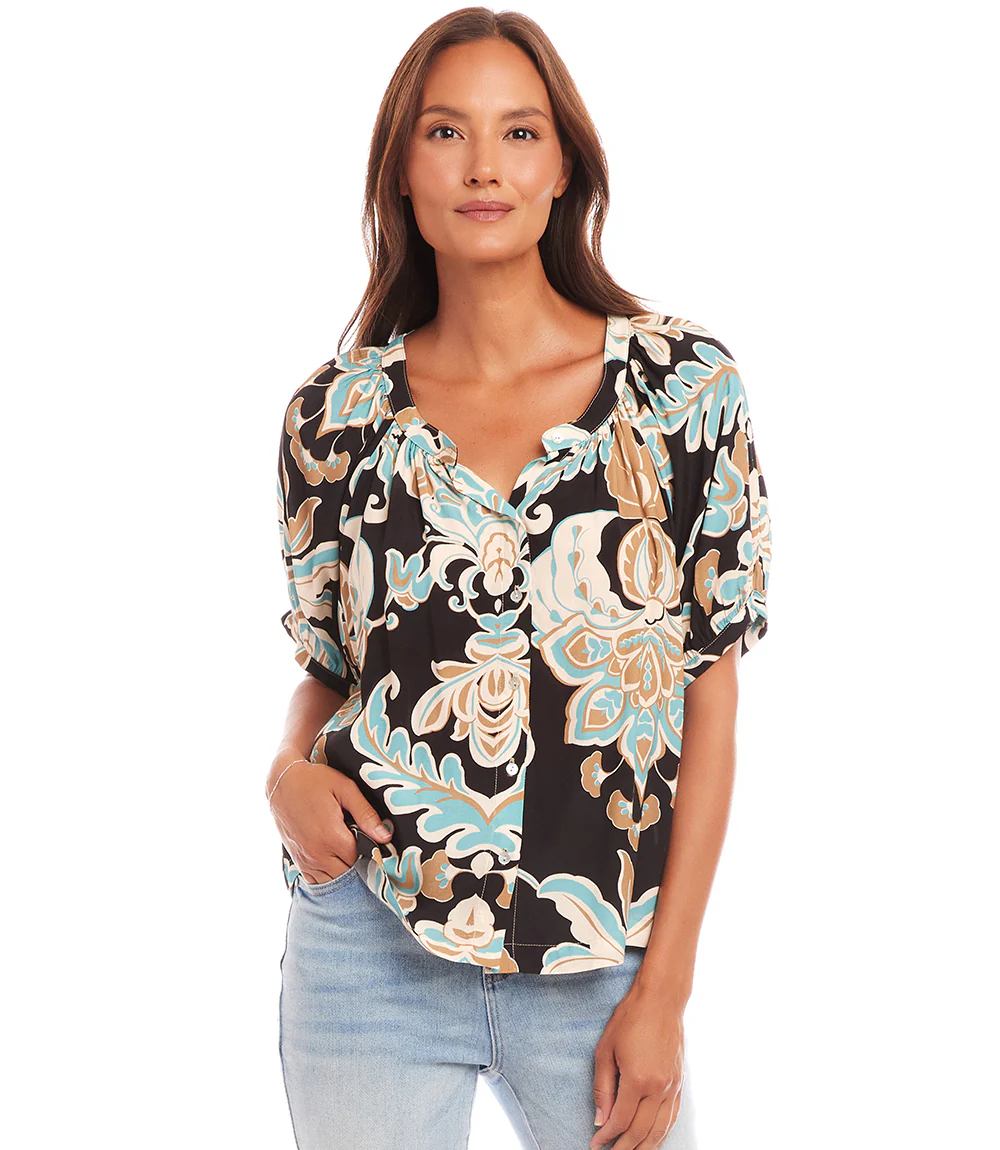 Petite Size Short Sleeve Peasant Button-Front Top