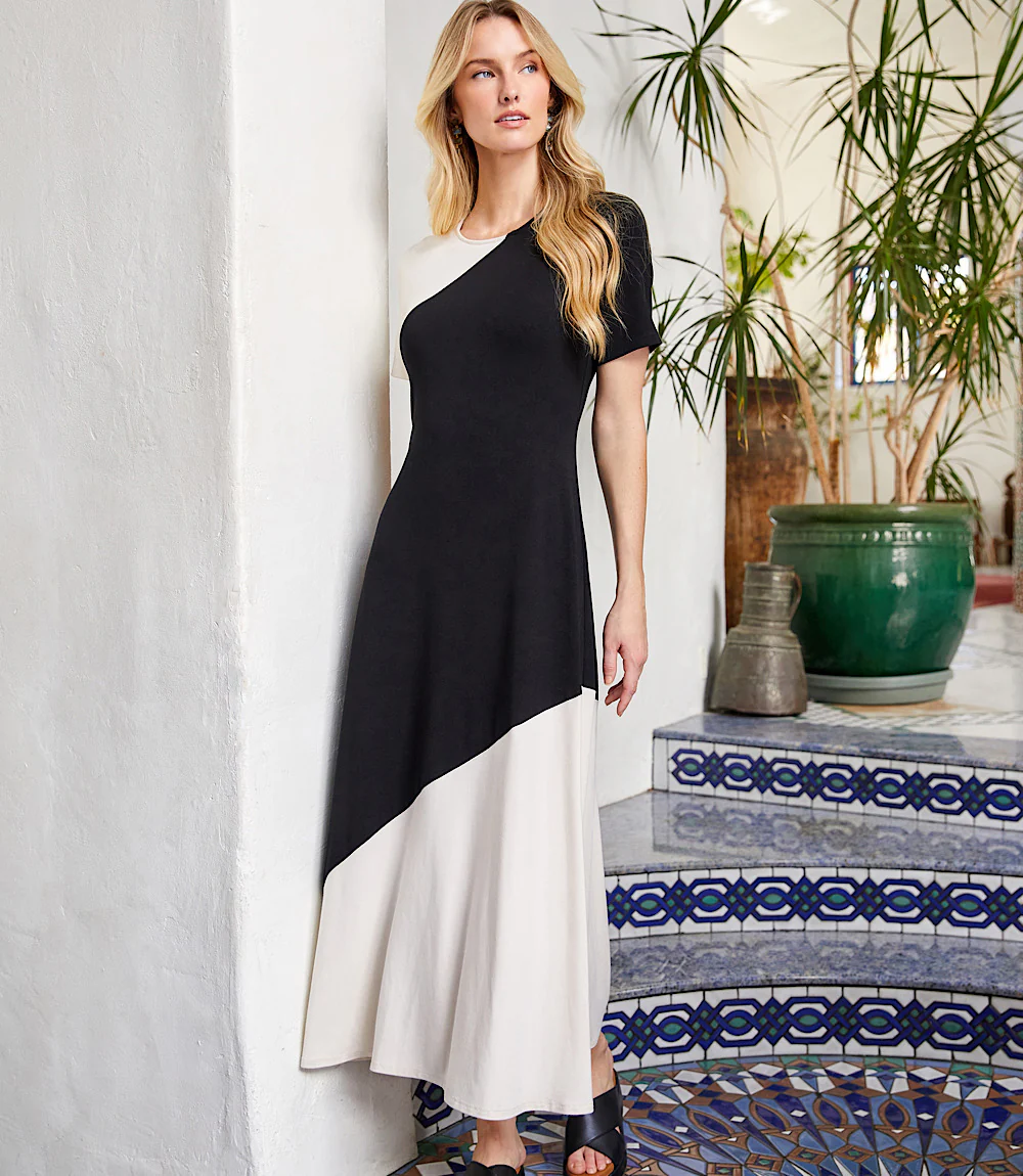 Short Sleeve Contrast Midi Dress