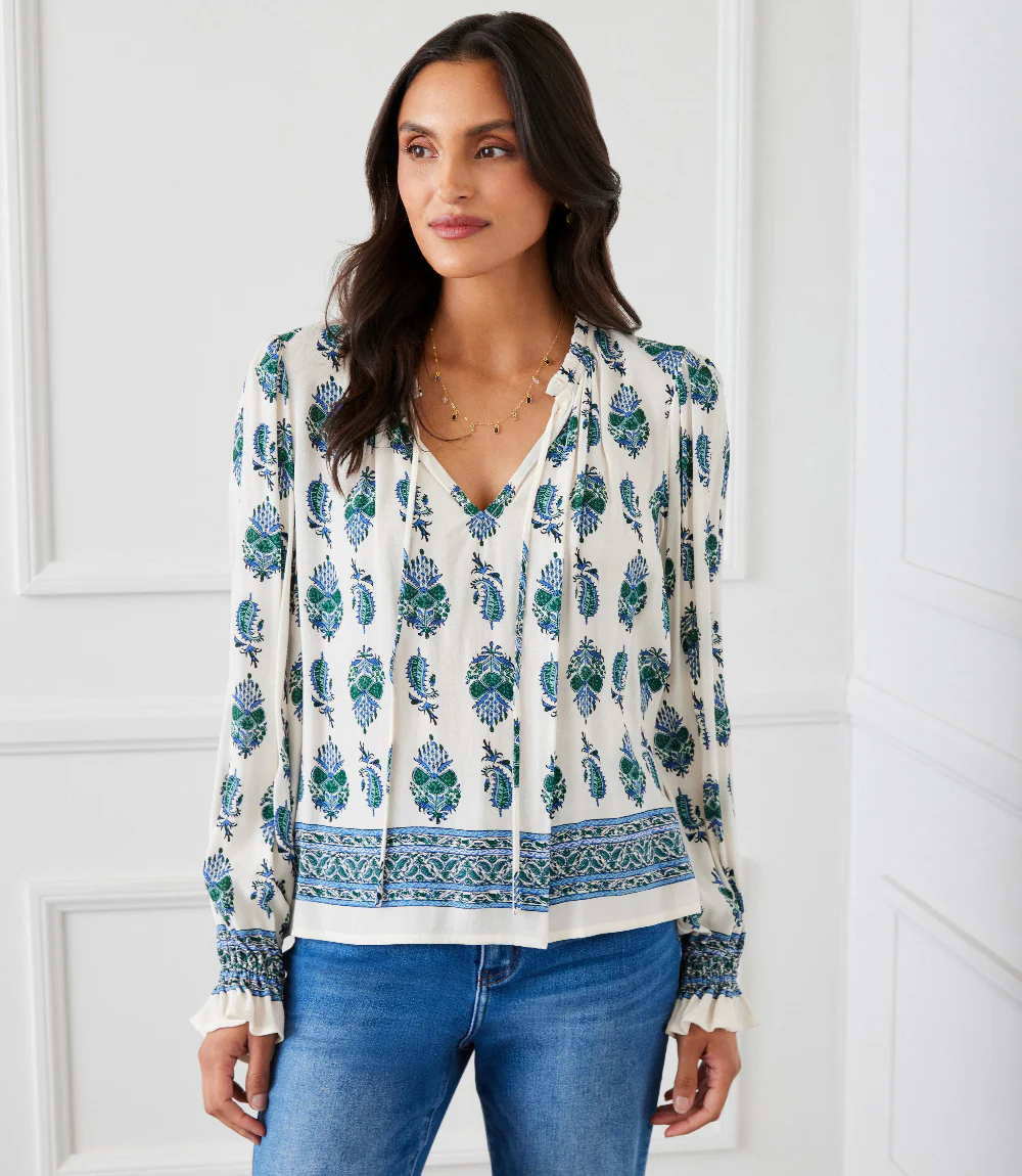 Long Sleeve Border Print Peasant Top