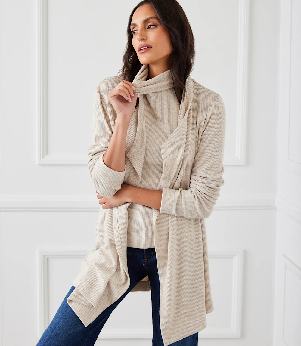 Ribbed Drape Front Cardigan