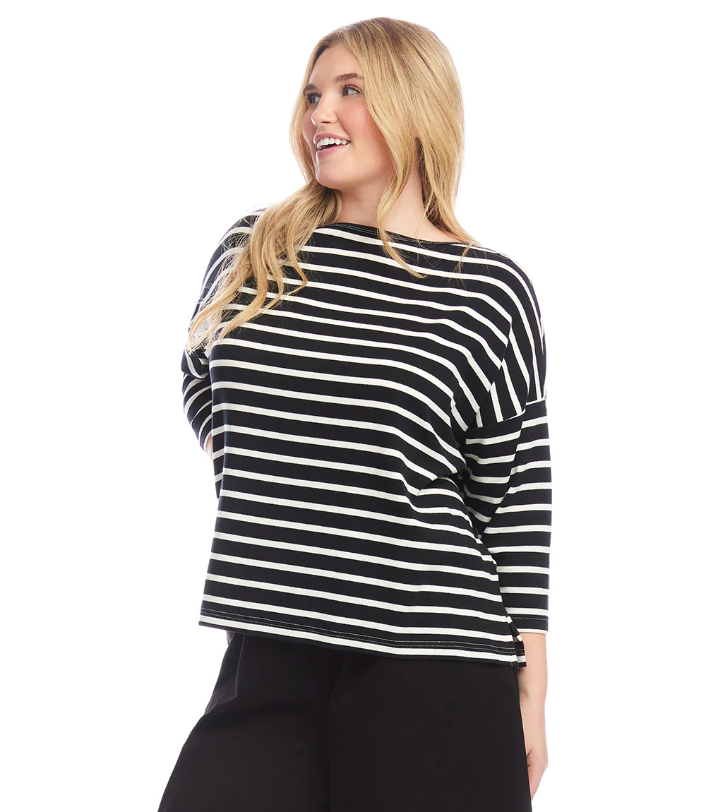 Plus Size Stripe 3/4 Sleeve Boatneck Top