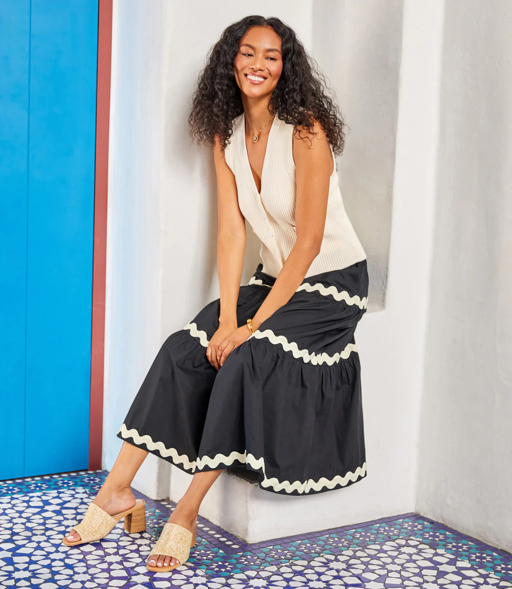 Ric-Rac Trim Tiered Midi Skirt