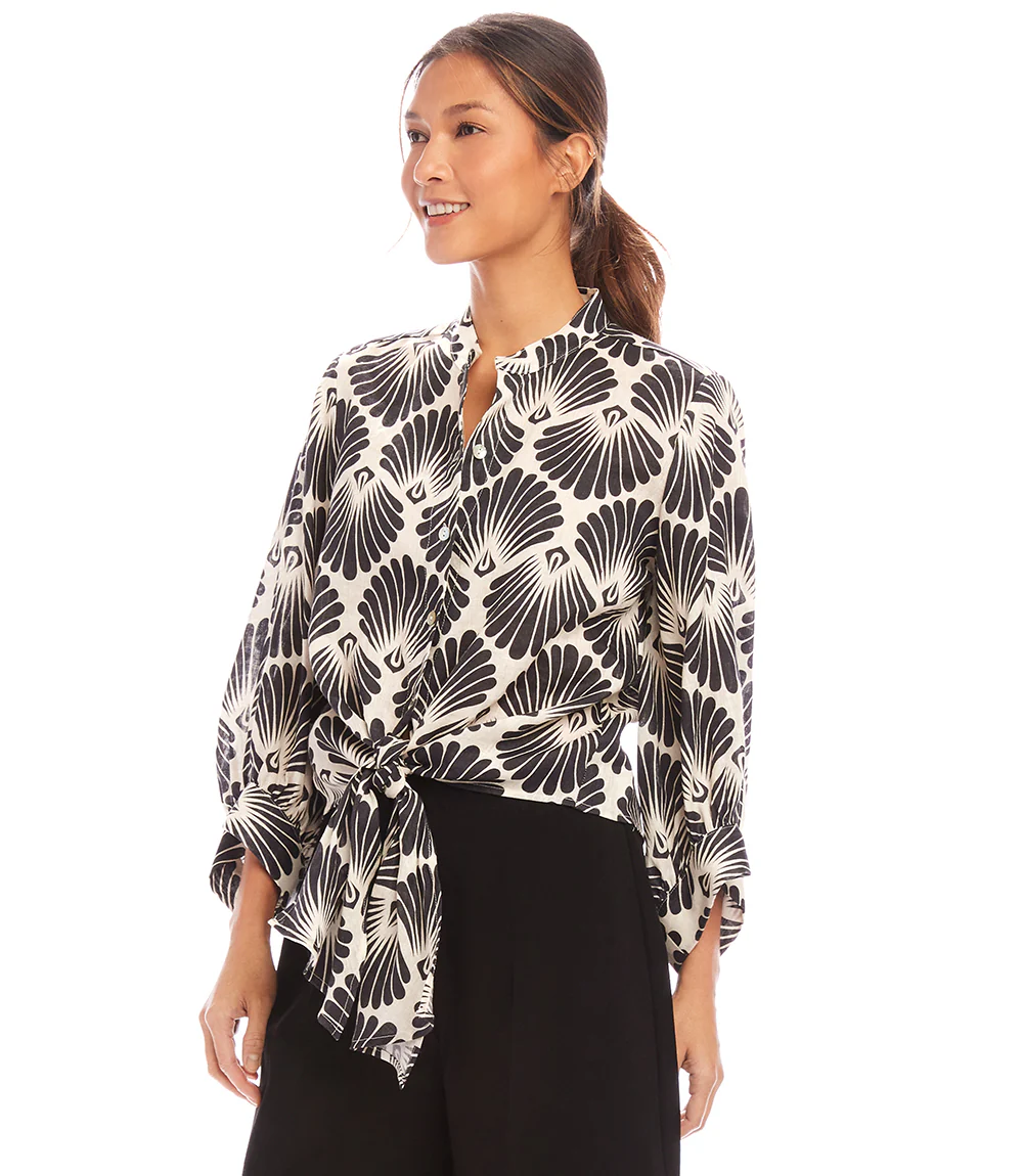 Petite Size Blouson Sleeve Linen Tie-Front Top