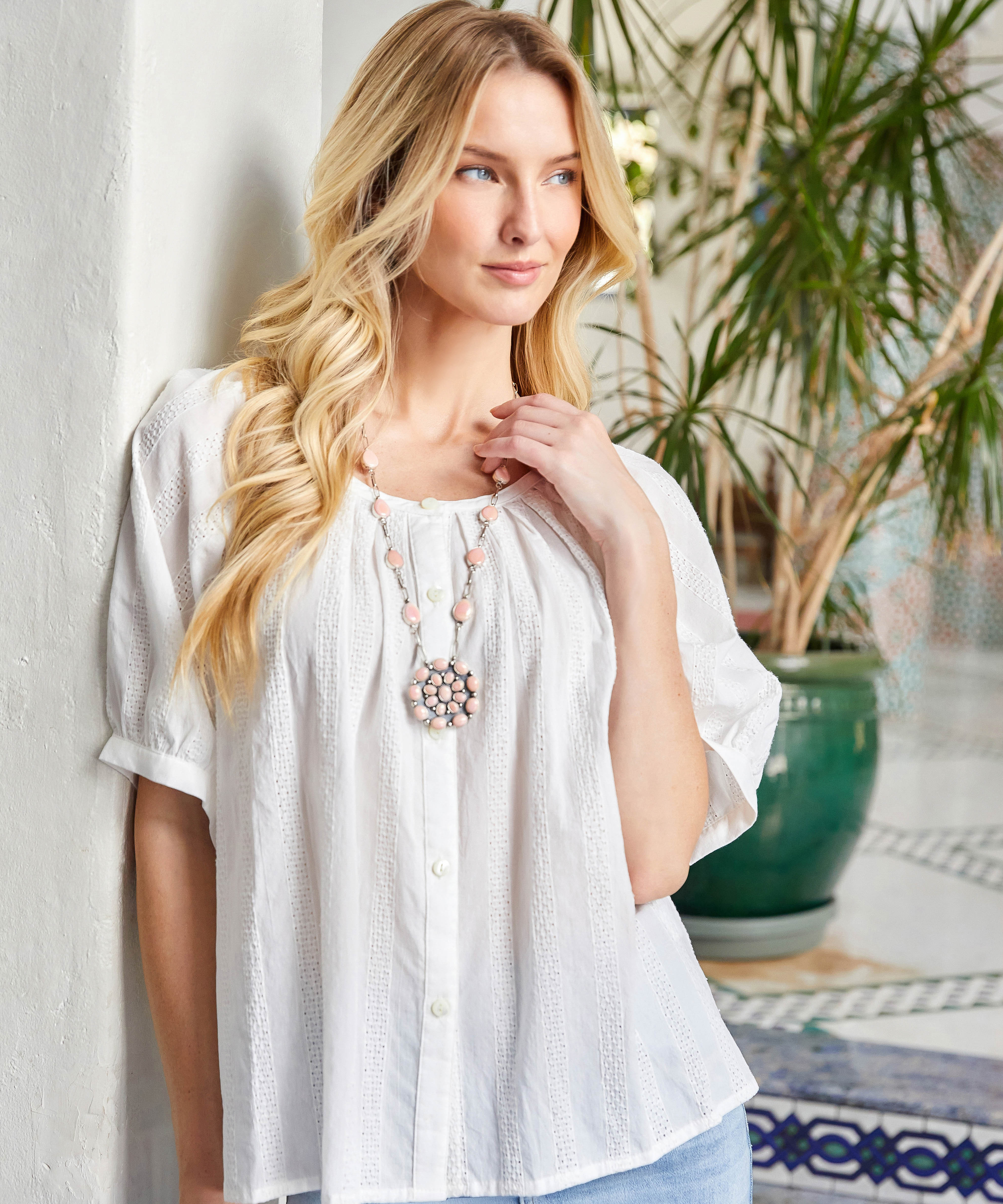 Petite Size Short Sleeve Embroidered Peasant Top