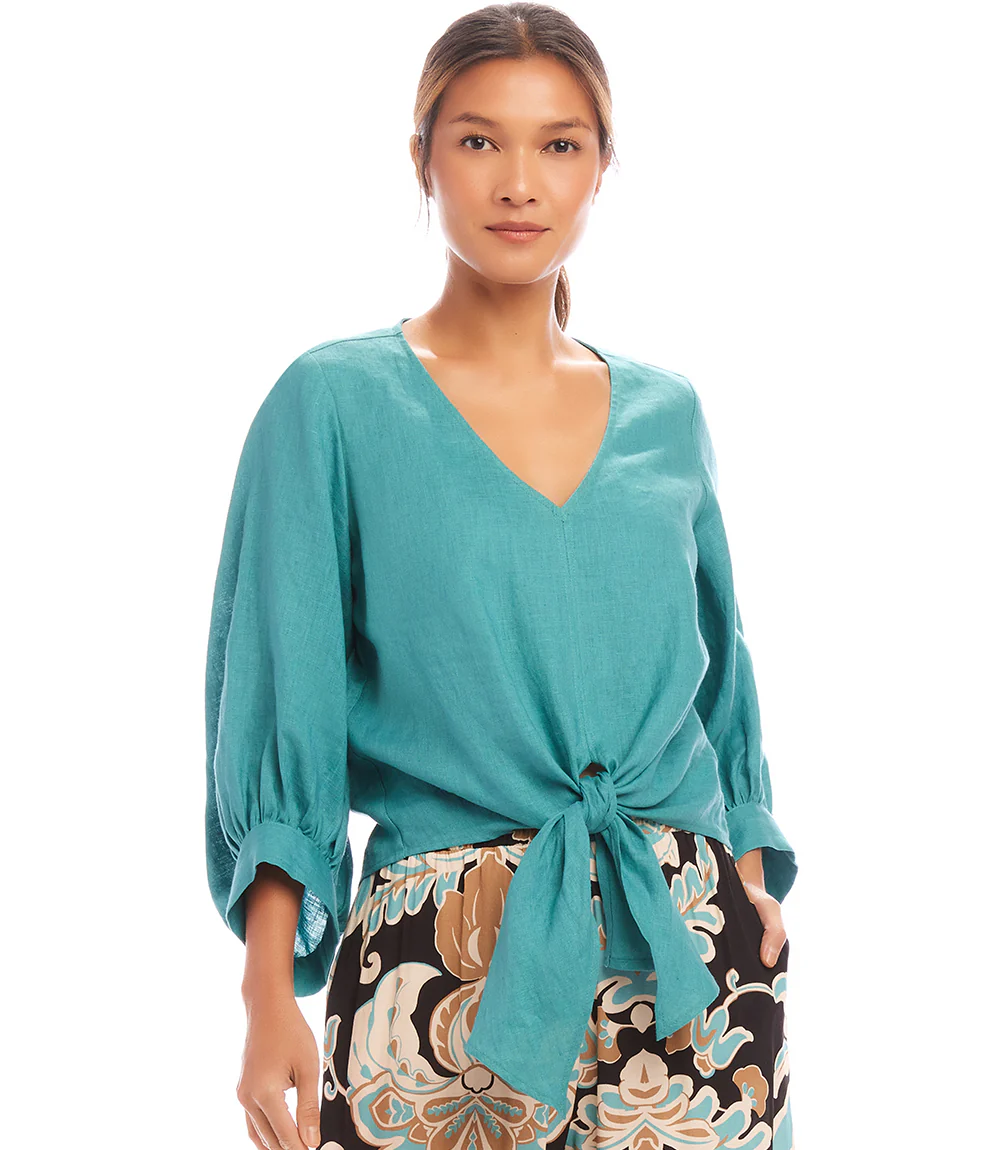 Blouson Sleeve Linen Tie-Front Top