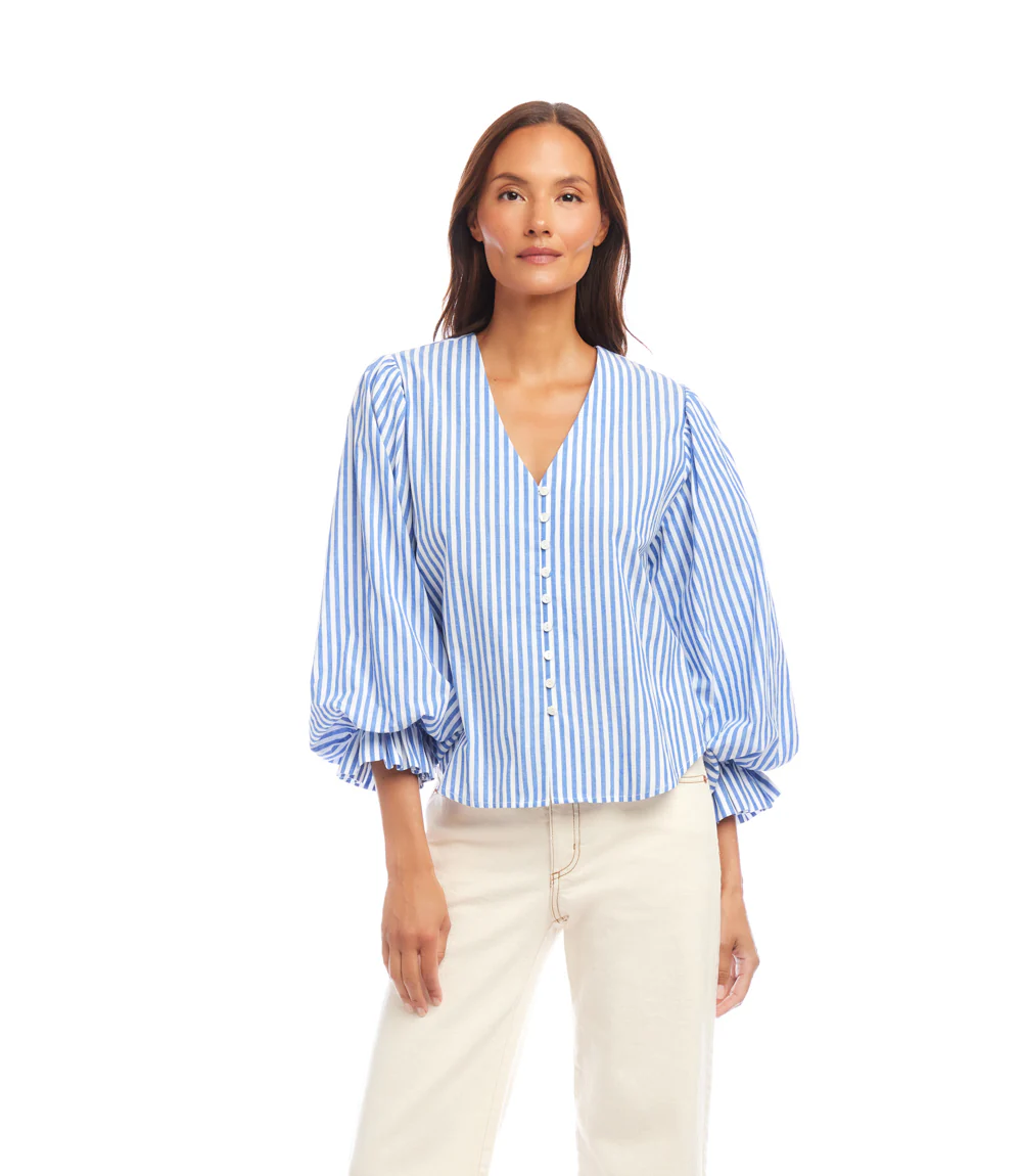 Stripe Layered Sleeve Shirred Blouse