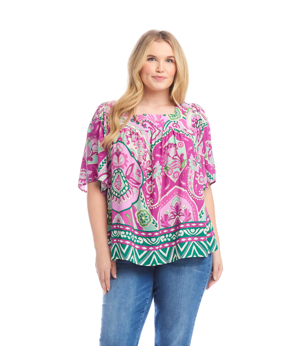 Plus Size Flare Sleeve Square Neck Top