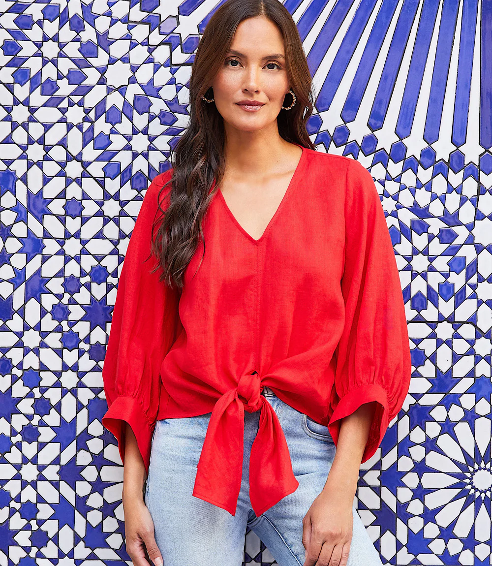 Blouson Sleeve Linen Tie-Front Top