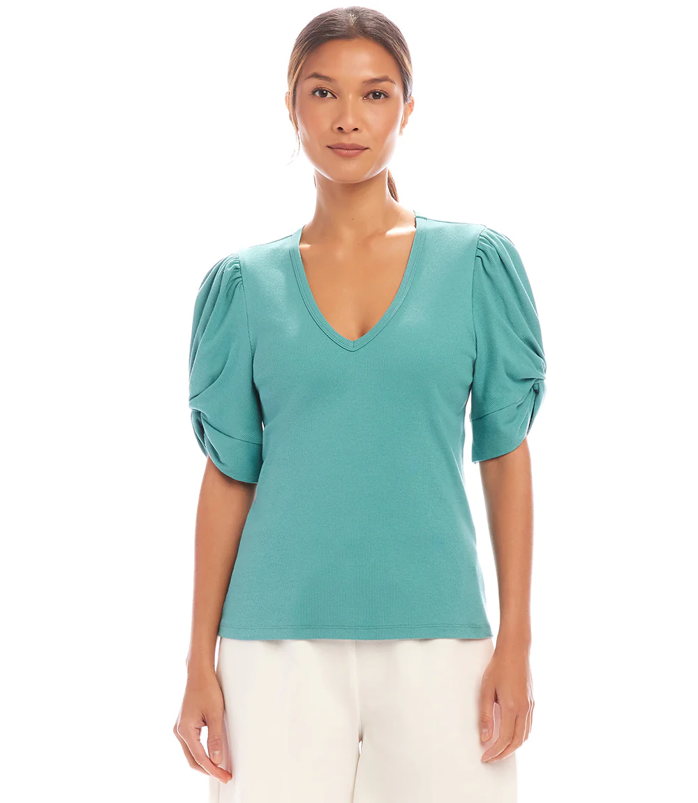 Petite Size Ribbed Twist Sleeve V-Neck Top