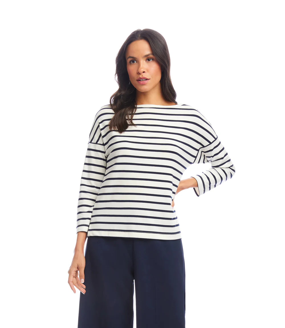 Petite Size Stripe 3/4 Sleeve Boatneck Top