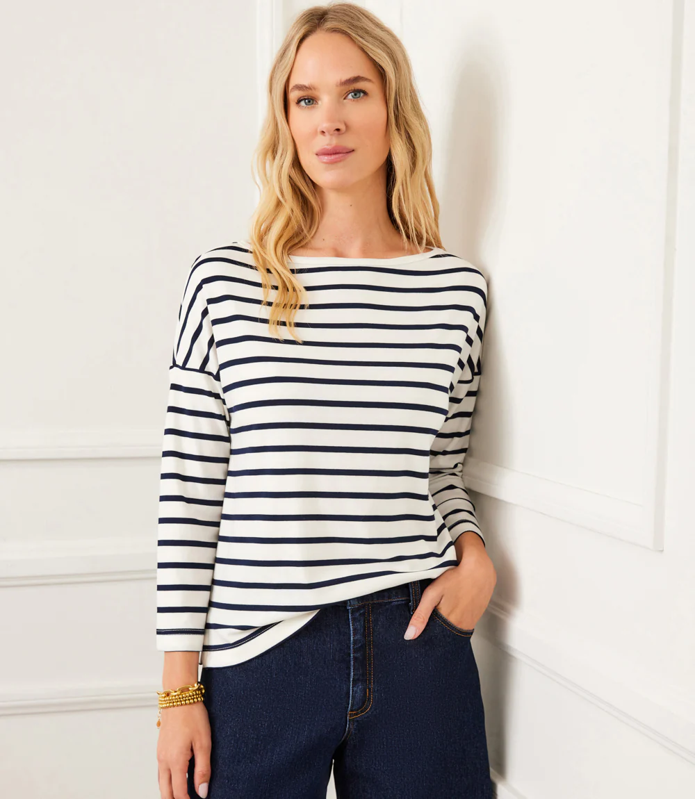 Stripe 3/4 Sleeve Boatneck Top