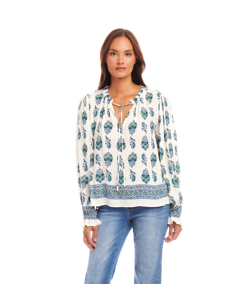 Long Sleeve Border Print Peasant Top