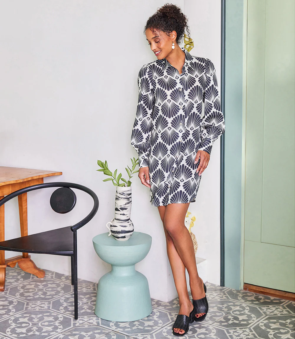 Blouson Sleeve Linen Shirtdress