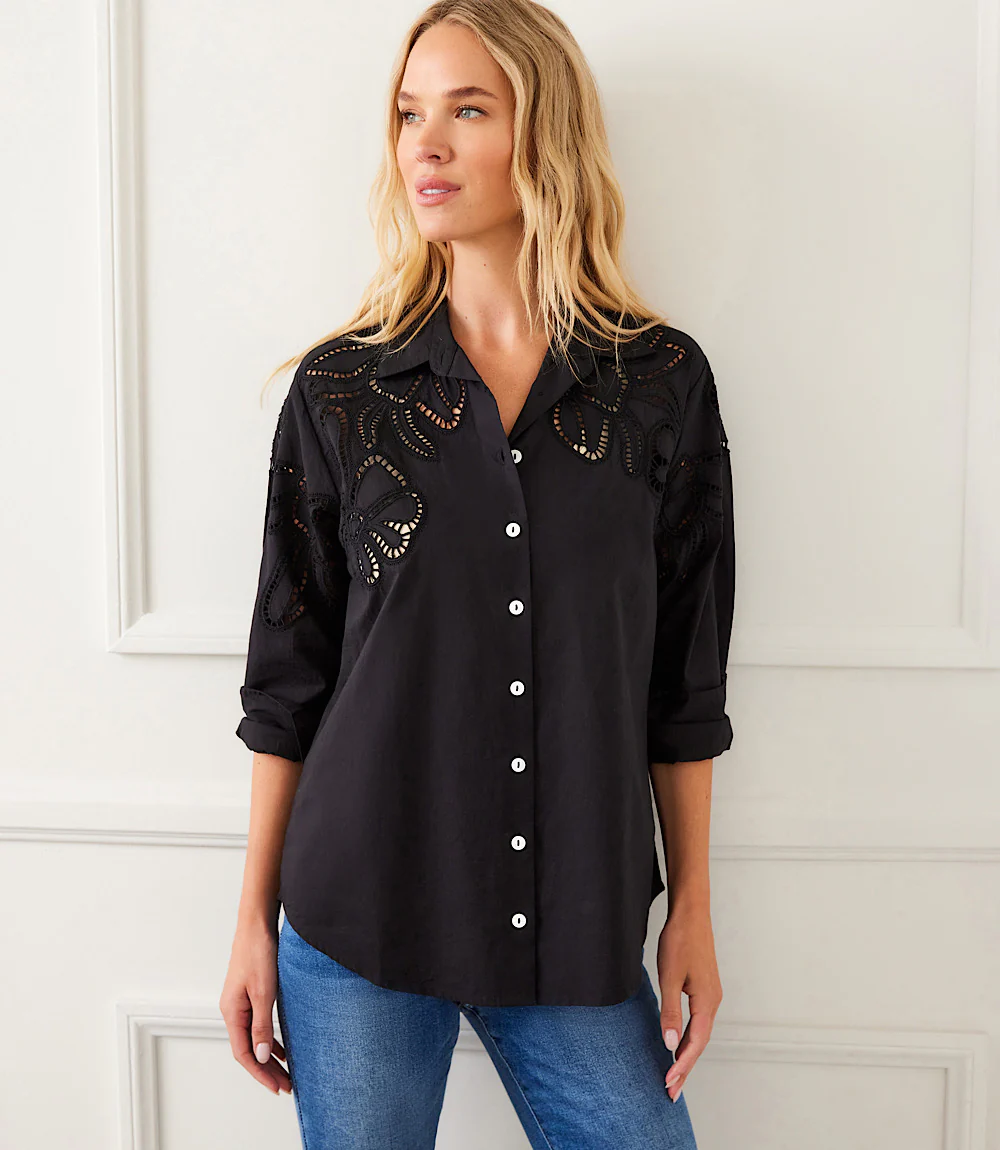 Long Sleeve Cutout Embroidery Shirt
