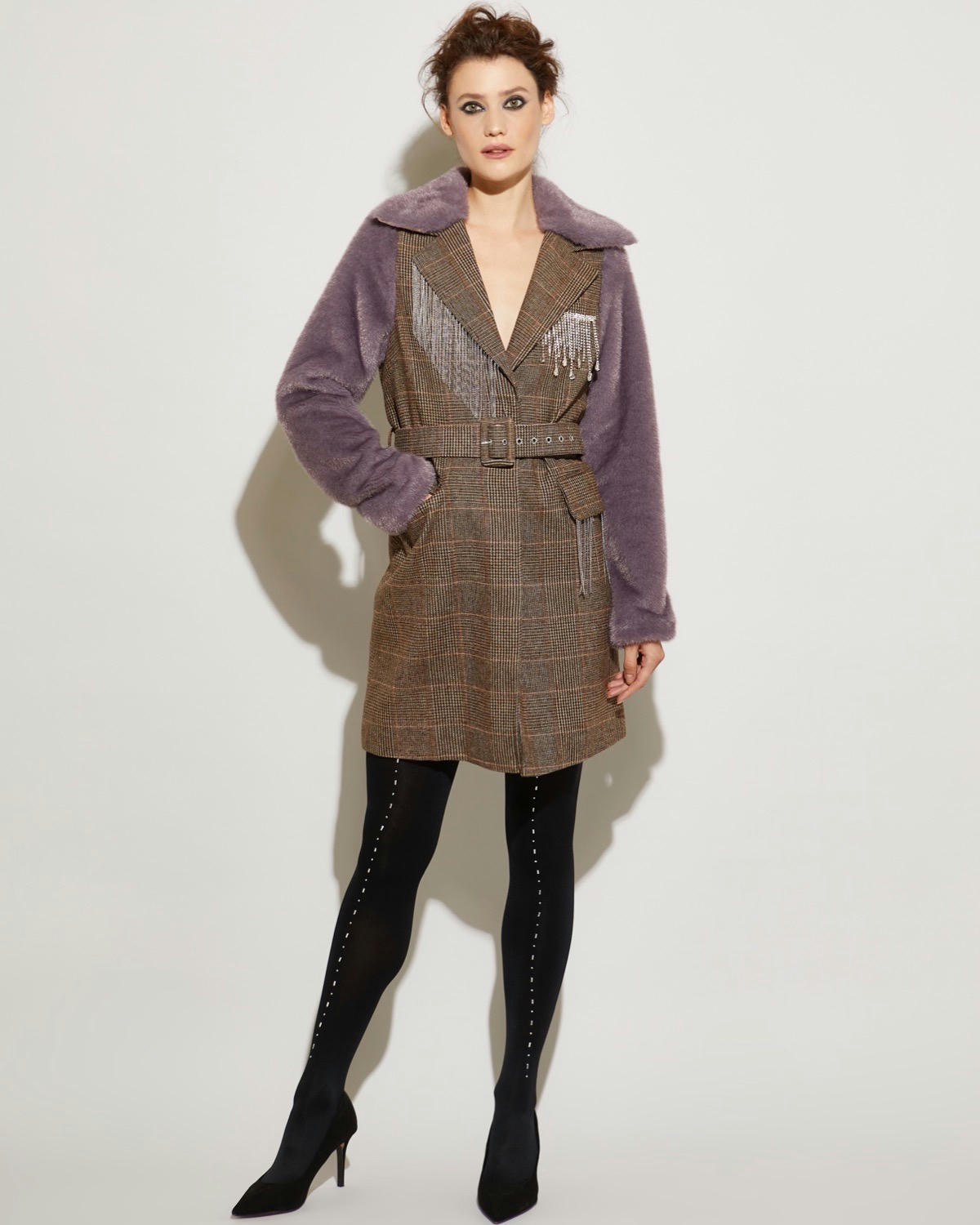 Joanne Hynes Faux Fur and Check Jacket With Removable Collar and Rhinestone Trim