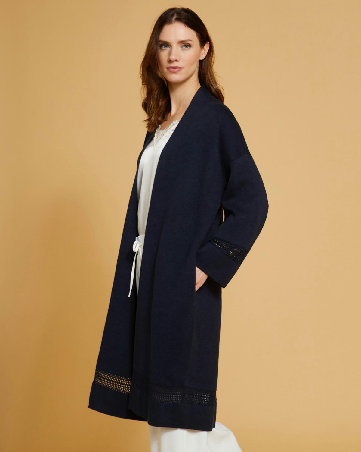 Paul Costelloe Living Studio Navy Cotton and Merino Wool-Blend Cardigan