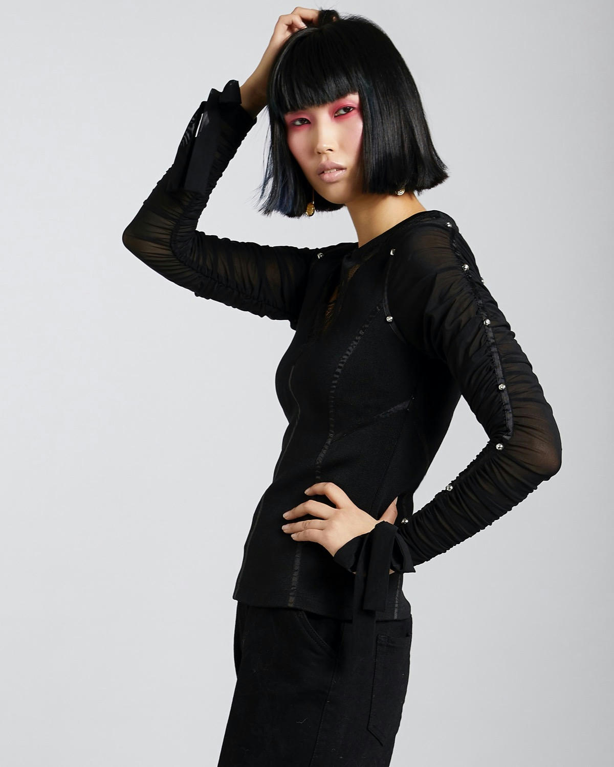 Joanne Hynes Rib Top With Studded Ruched Sleeves