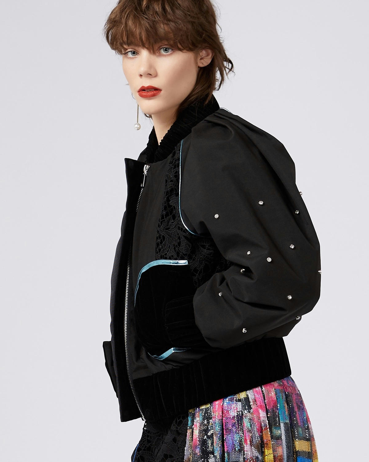 Joanne Hynes Nylon And Lace Bomber With Stud Embellishment
