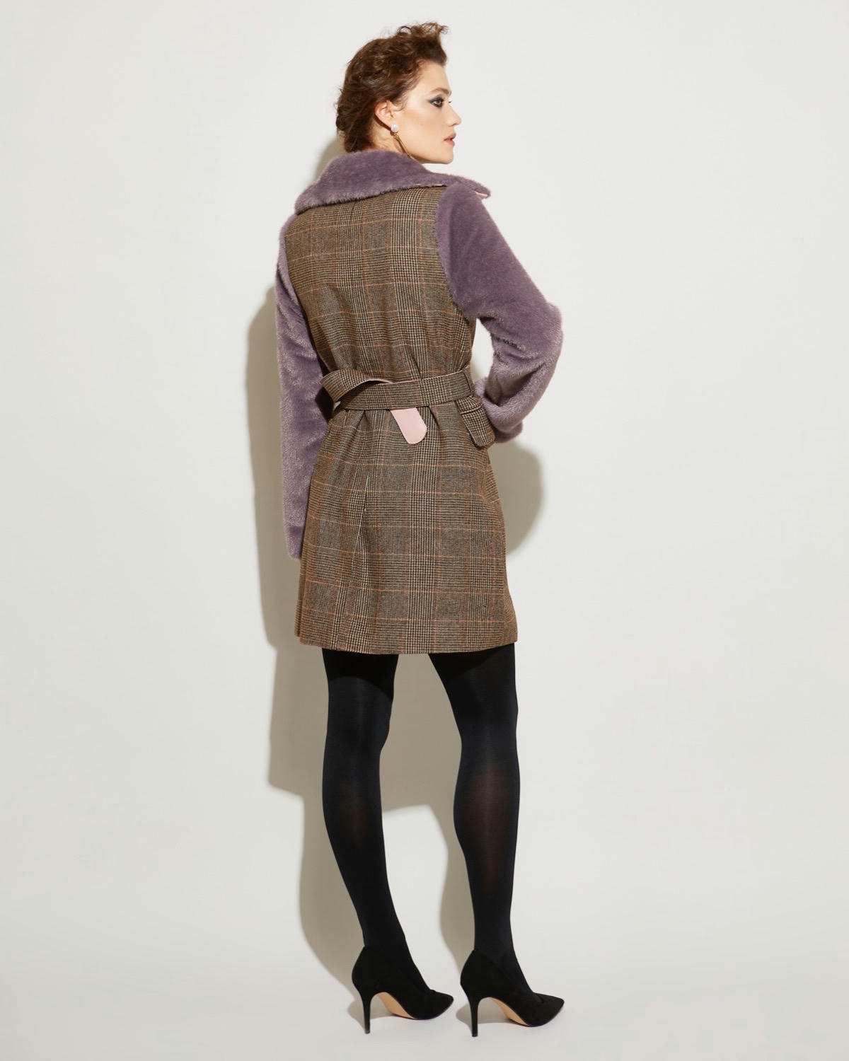 Joanne Hynes Faux Fur and Check Jacket With Removable Collar and Rhinestone Trim