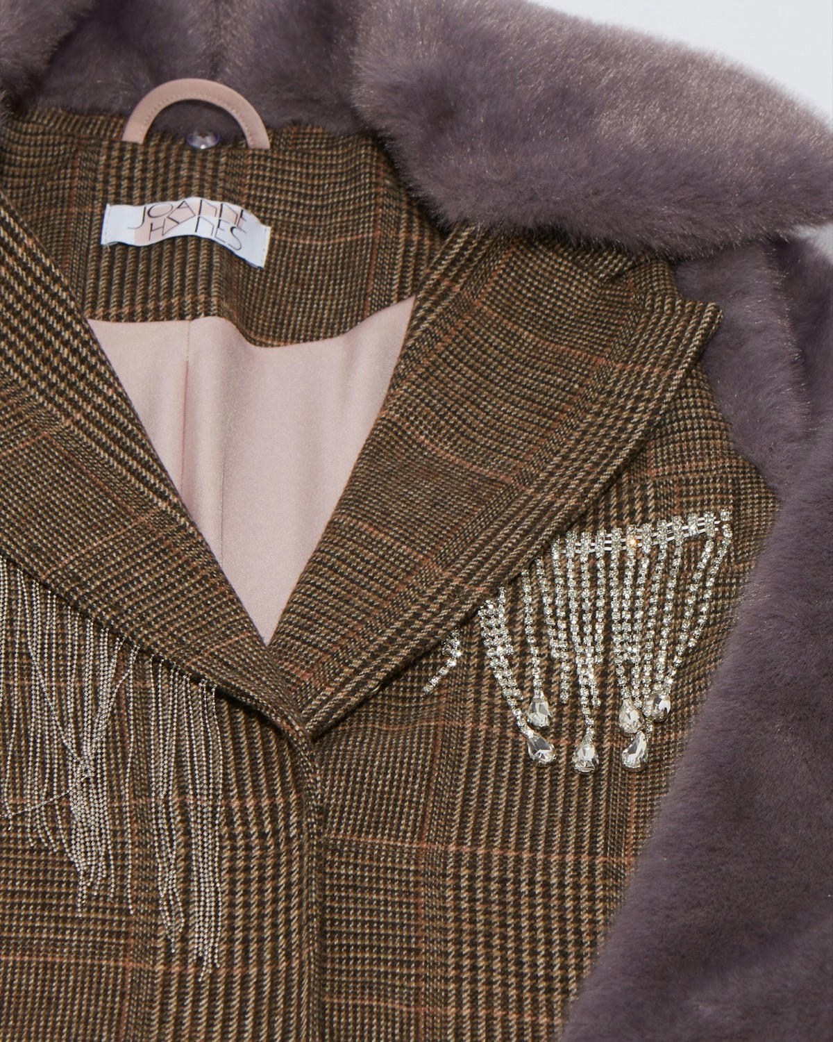 Joanne Hynes Faux Fur and Check Jacket With Removable Collar and Rhinestone Trim