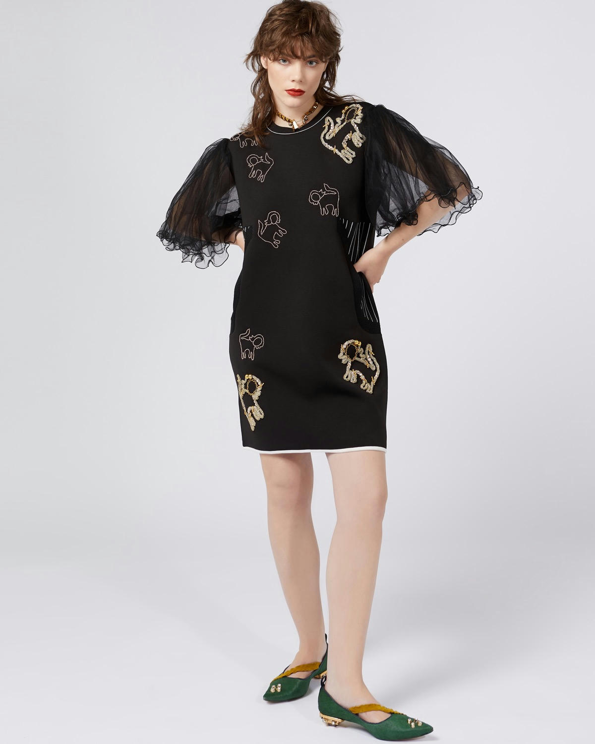 Joanne Hynes Embellished Neoprene Dress With Tulle Sleeves