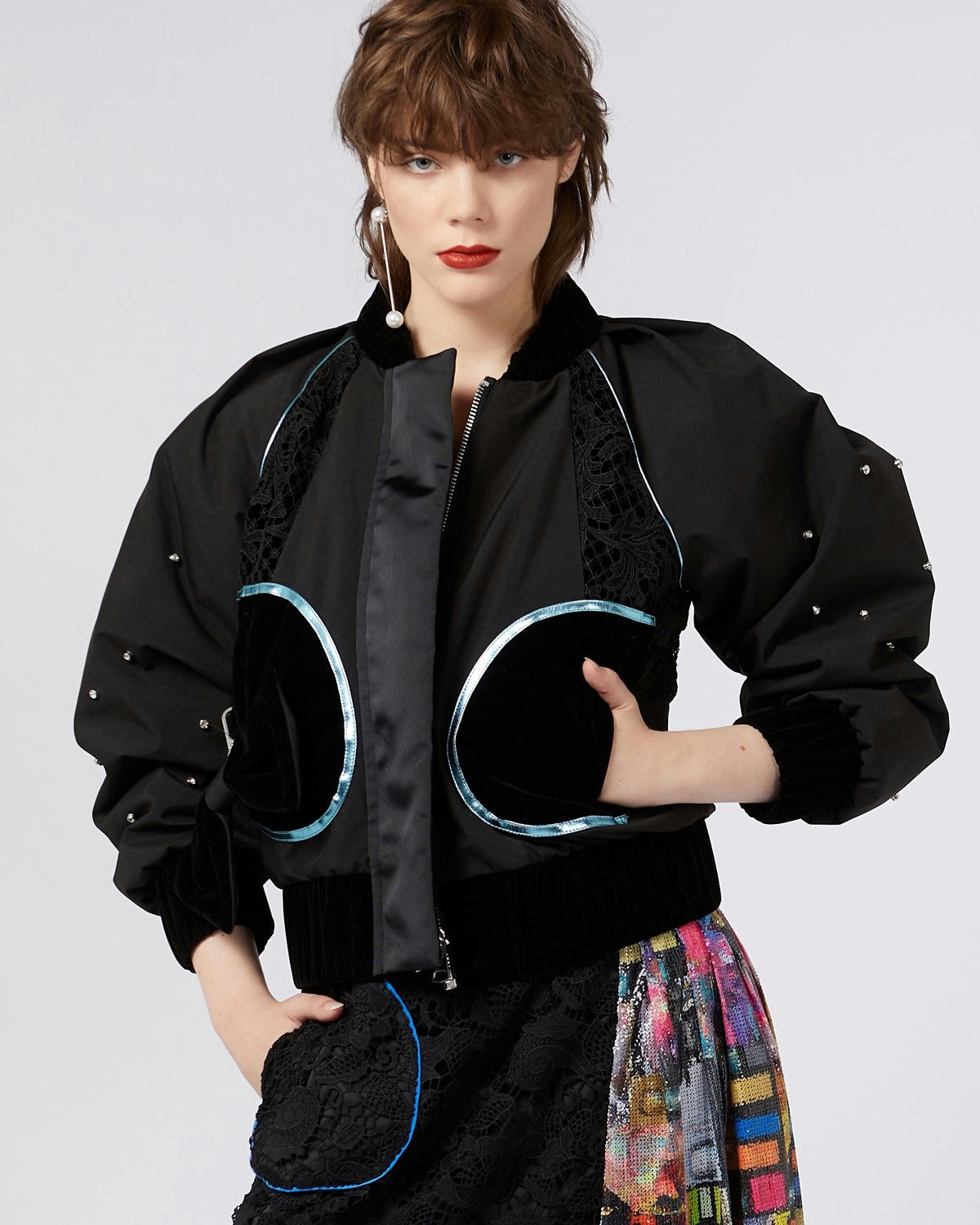 Joanne Hynes Nylon And Lace Bomber With Stud Embellishment