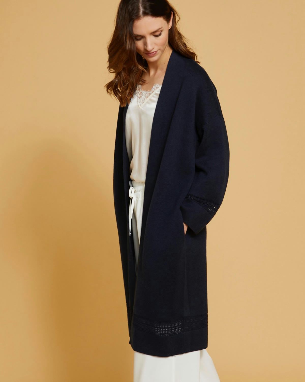 Paul Costelloe Living Studio Navy Cotton and Merino Wool-Blend Cardigan