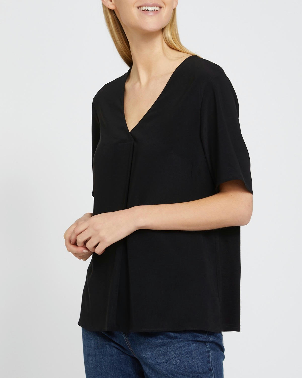 Short-Sleeved Woven Front Top